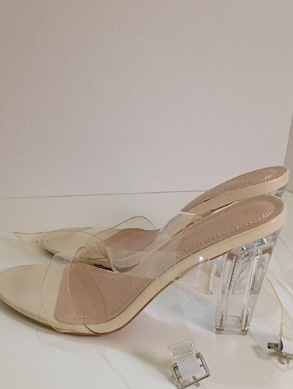 Cream Clear Strap Block Heel Mules - Picture 5 of 7